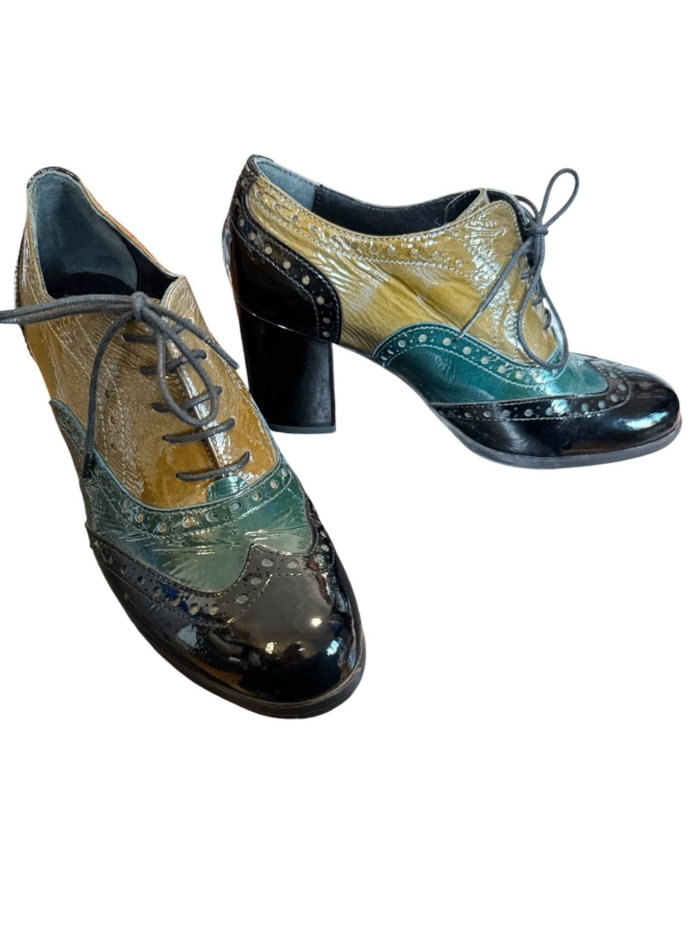 Melin Patent Wingtip Oxford Block Heels Mustard Teal Black EU 38 7.5-8